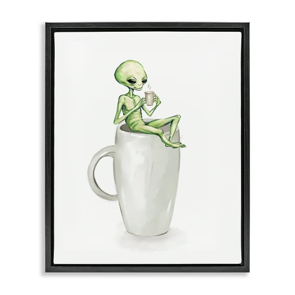 Stupell Industries Alien & Coffee Mug Food & Beverage Painting Black Floater Framed Art Print Wall Art, 17 x 21