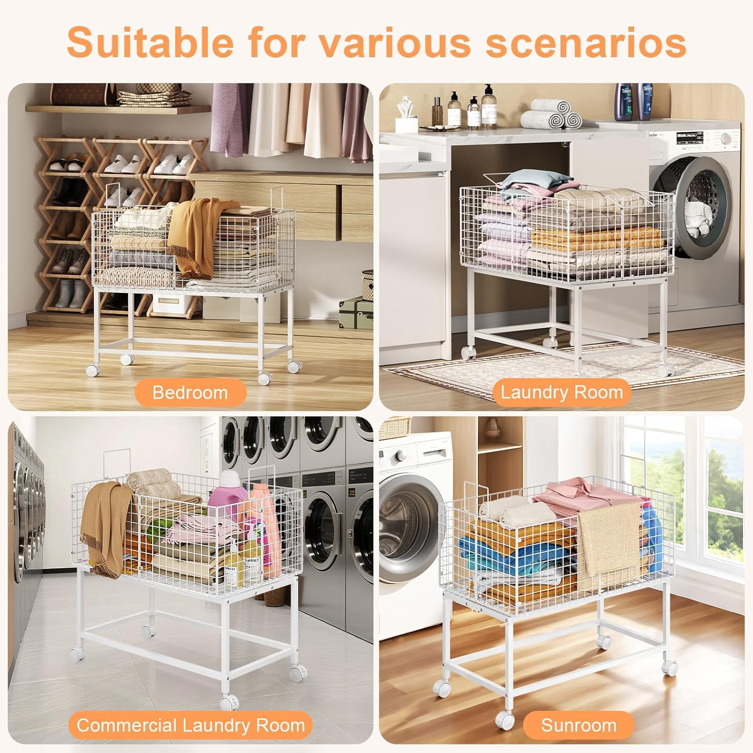 Wire Laundry Hamper Cart,80L Laundry Hamper Trolley with Pull Handle,White High Laundry Basket Cart for Laundry Room,Bathroom,Bedroom-White（23.6 * 15.75 * 28inch）