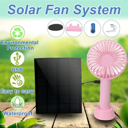 5W Solar Panel Fan Low Energy Consumption Mini Handheld Fan Fan Ventilator with USB Power and Data Line and Battery for Home Outdoor Office Camping Hiking