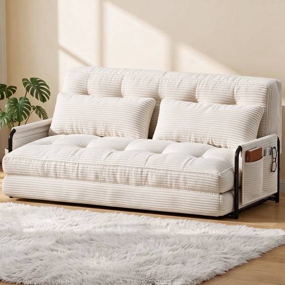 Mr IRONSTONE Loveseat Sleeper Sofa, 52" Extra Wide Convertible Chair Bed with Metal Frame, 2-Seater Foldable Futon Sofa Bed with 2 Pillows and Armrests, White