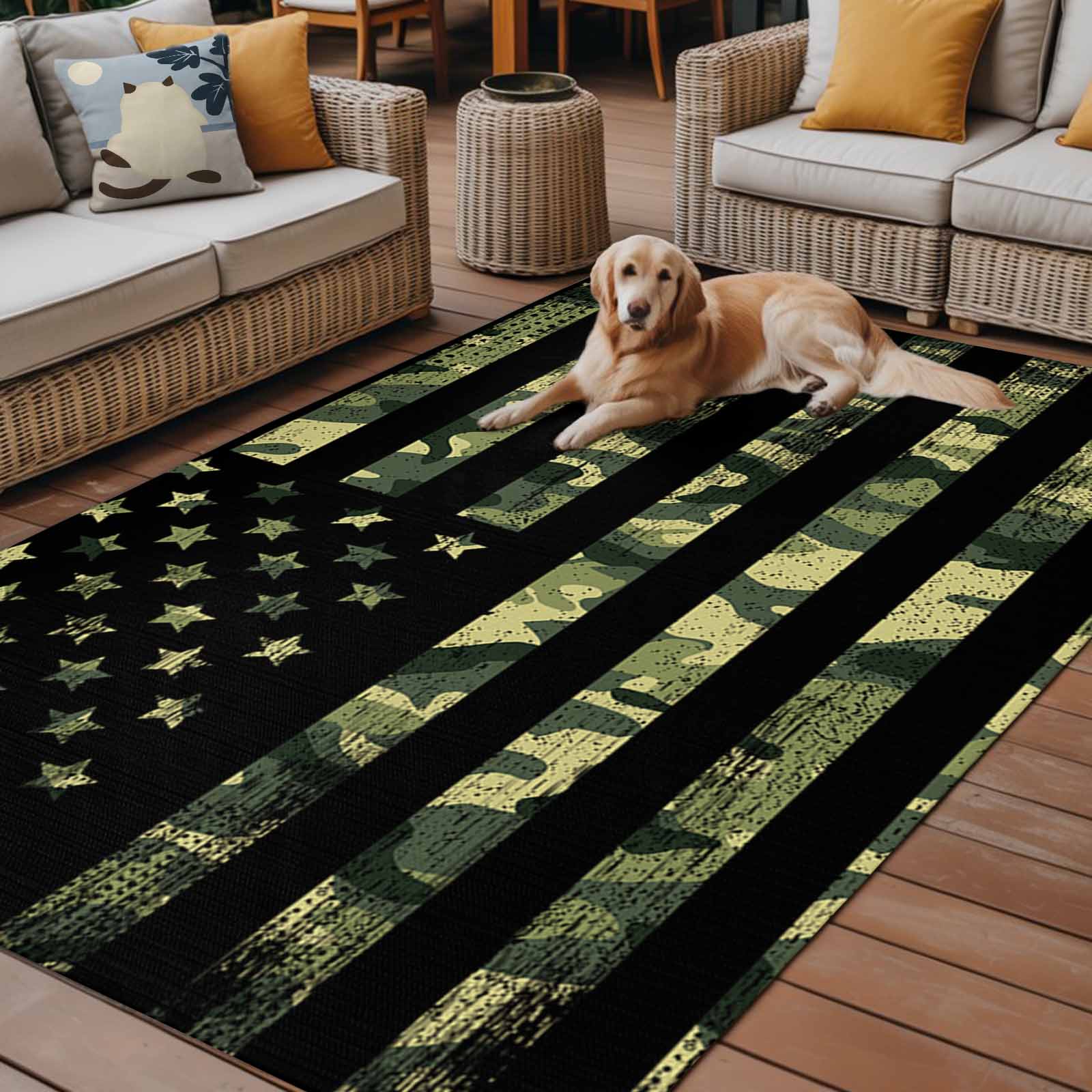 5' x 7' Outdoor Rug, Green Camouflage American Flag Outdoor Washable Rug Large Floor Carpet, Wooden Grain Non Shedding Area Rug for Outside Patio RV Porch Deck Balcony Camping Living Room