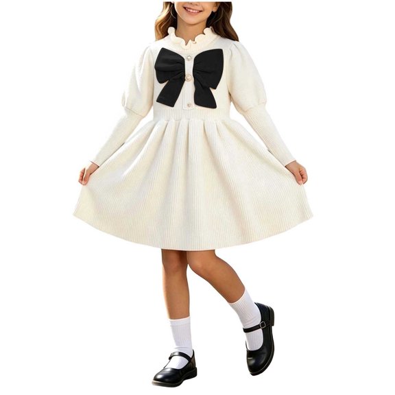 Fesfesfes Girls Round Neck Bow Detail Knit Sweater Dress Button Front Pleated A-Line Casual Winter Fall Outfit for School Daily Wear Ages 1-8 Years