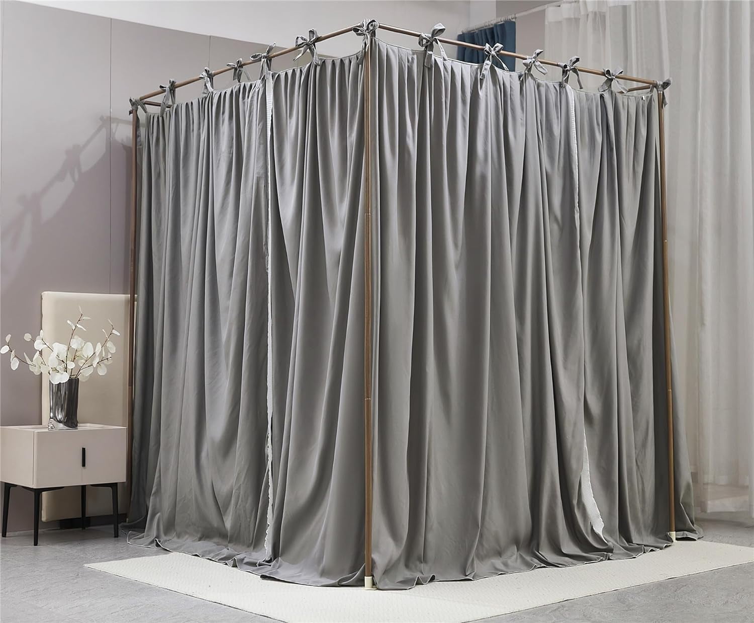 4 Corners Post Princess Curtain Bed Canopy Double Layer Cozy Mosquito Net Mesh and Cloth for Girls Adults Bedroom Decoration (Double-Grey/White, 53" W*78" L*82"*H/(Full))