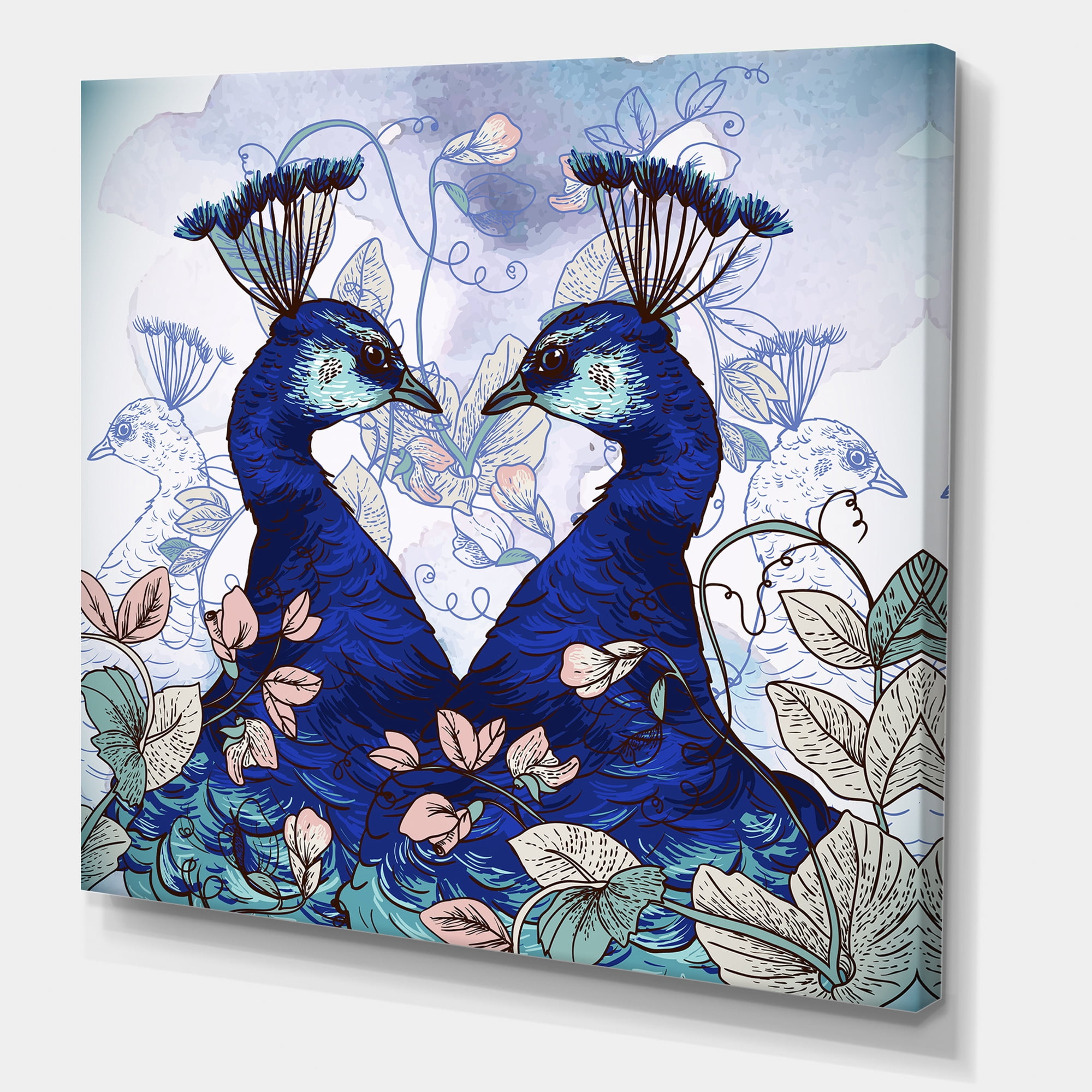 Designart ' Wildflowers With Two Blue Peacocks ' Traditional Canvas Wall Art Print
