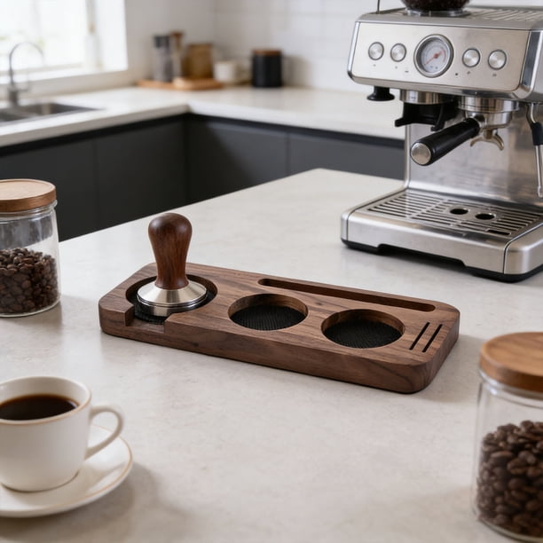 Decoración del hogar, decoración de habitaciones, decoración de paredes Estación de prensado Organizador de barra de café Sapele con base multiranura antideslizante para mostrador Contiene prensador D