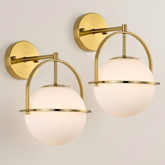 Modern Gold Globe Wall Sconces 2-Pack E26 Indoor Wall Light for Bathroom Vanity Bedroom Hallway with Frosted Glass Shade