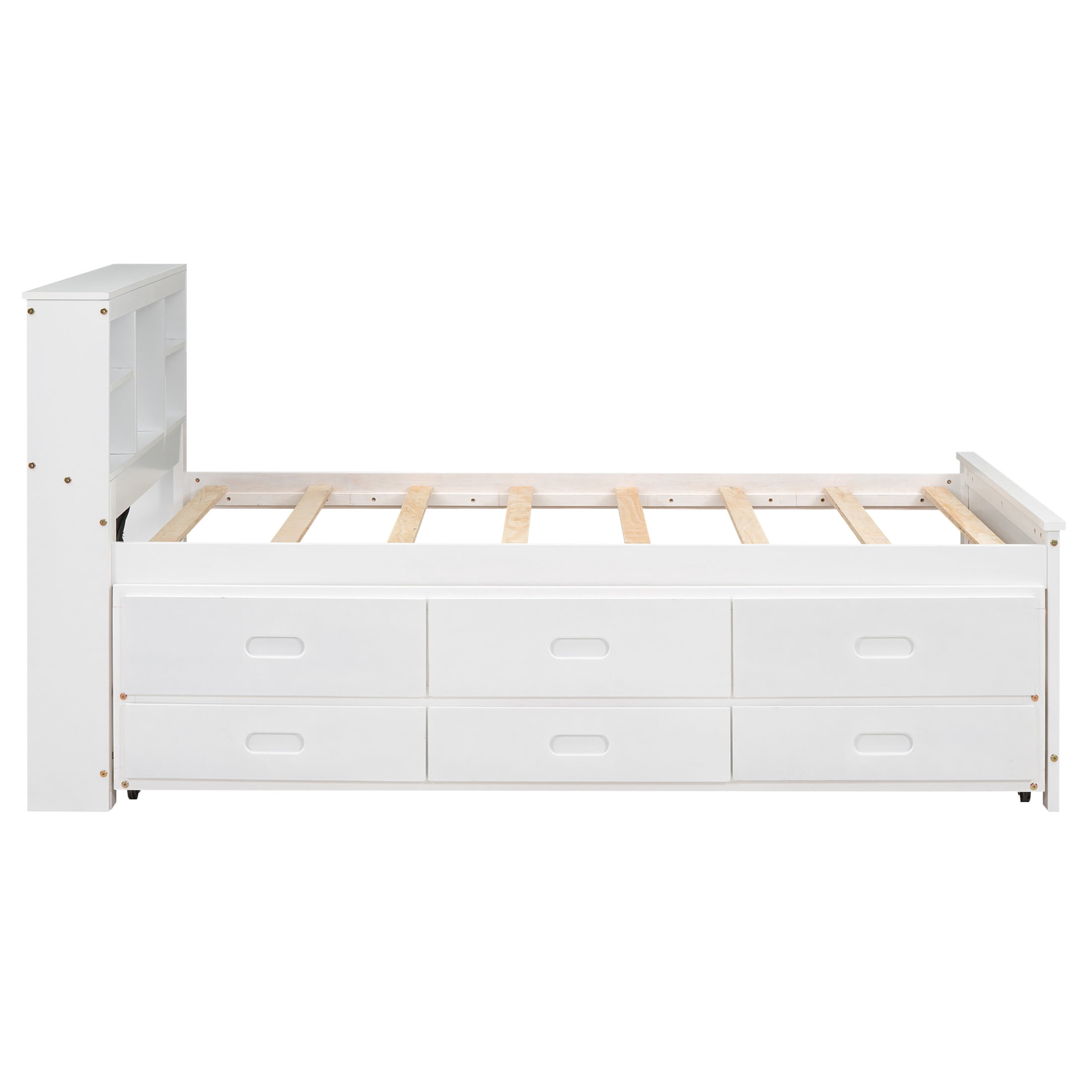 Noble House Nerissa Twin Platform Bed with Bookcase Headboard, USB Ports, Extra Trundle and Storage Drawers, White