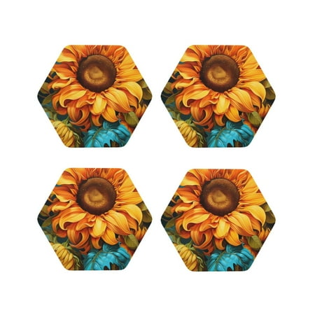 

Fuzoiu Deep Yellow Colorful Sunflower Print Leather Coasters Set Drink Coasters Set of 4 for Tabletop Protection Durable PVC Coasters Home Décor and Housewarming Gift-Hexagon