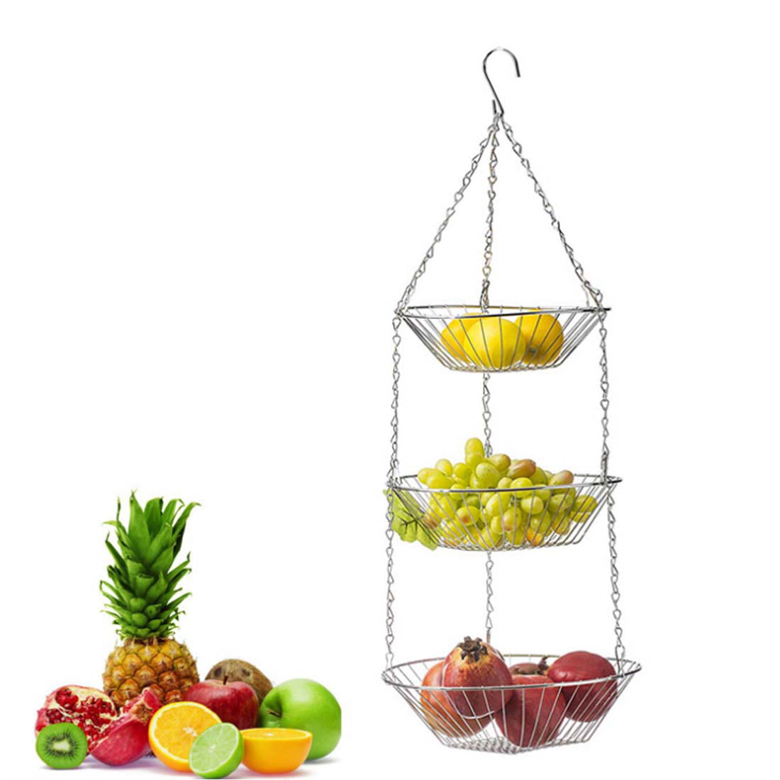 3 Tier Wire Hanging Basket Fruit Holder Vegetable Rack Kitchen Storage