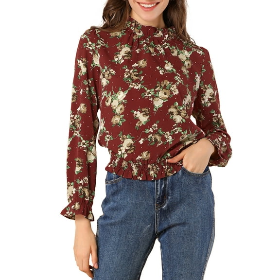 Allegra K Women's Smocked Waist Ruffled Hem Stand Collar Floral Dotted Blouse