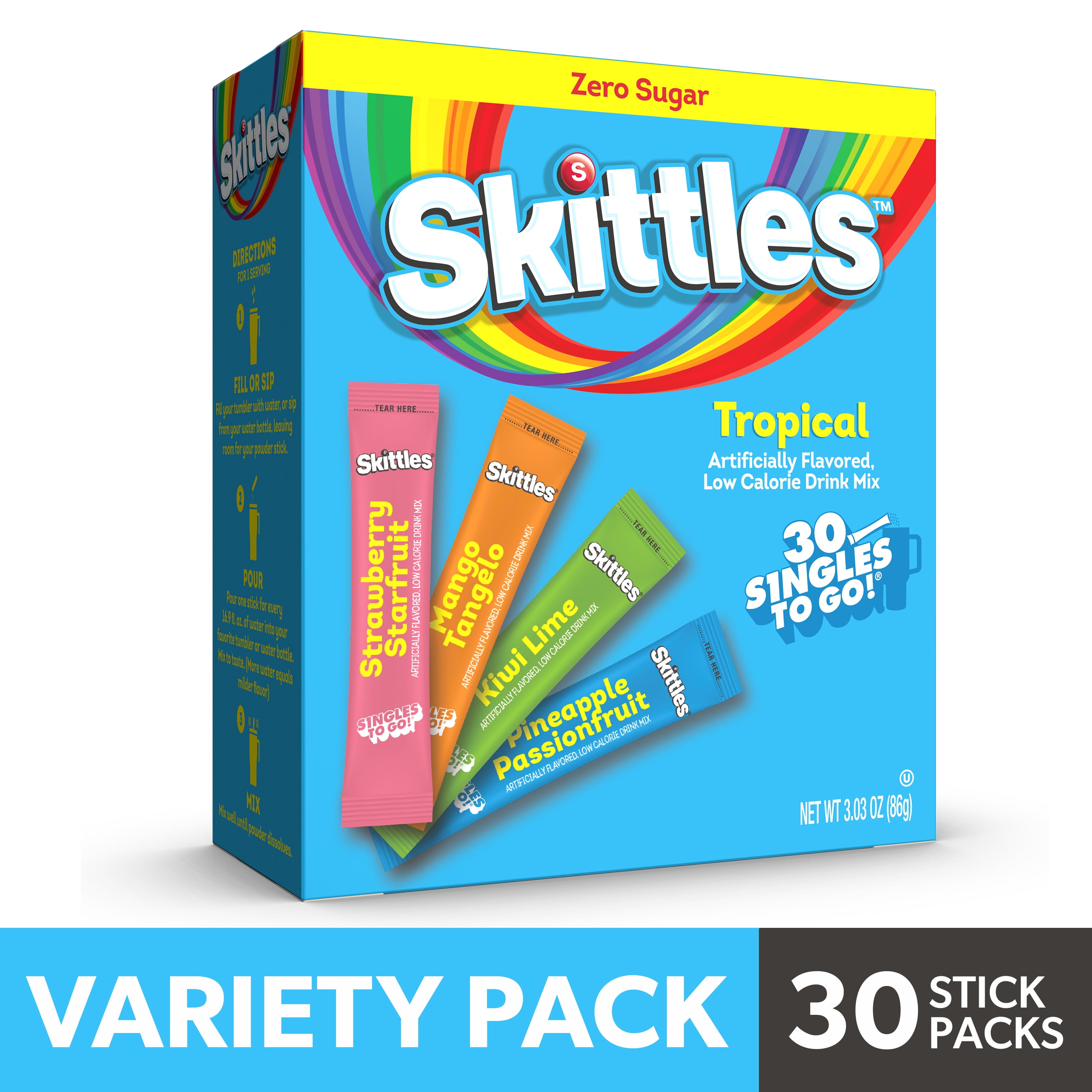 (6 pack) Skittles Zero Sugar Variety Pack Singles-to-Go Powdered Drink Mix, Tropical, 30 Count Packets