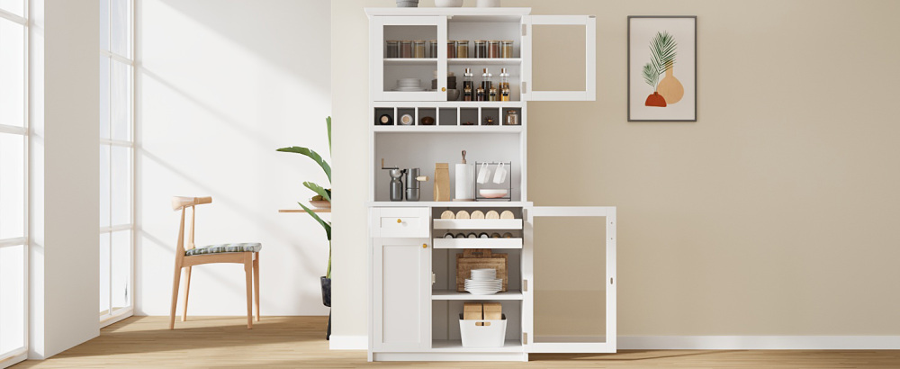 Farmhouse Freestanding Buffet with Hutch, Tall Kitchen Pantry Storage Cabinet with Wine Rack, Adjustable Shelves and Glass Doors for Dining Room, White