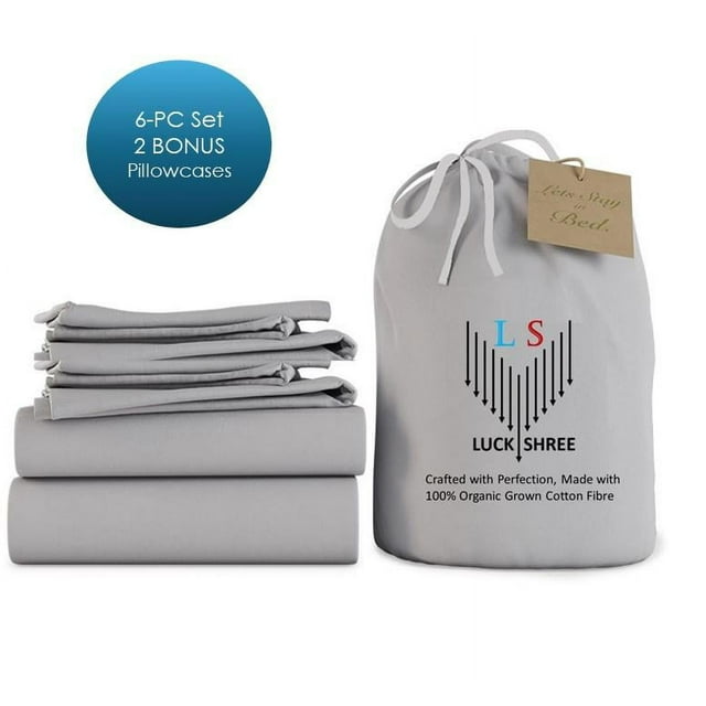6-PC Full XL Organic 800-TC Cotton Sheet Set - 10" Deep Pockets with 4 Pillowcases - Light Grey