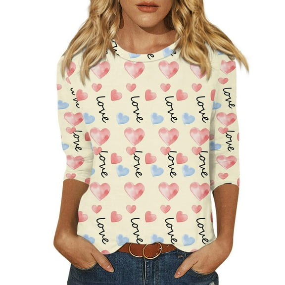 Xixinqiwan Womens Long Sleeve Valentines Day Shirts,Women Heart Printed T-Shirts Graphic LOVE Heart Print Long Sleeves Tees Cute Oversize Round Neck Tee