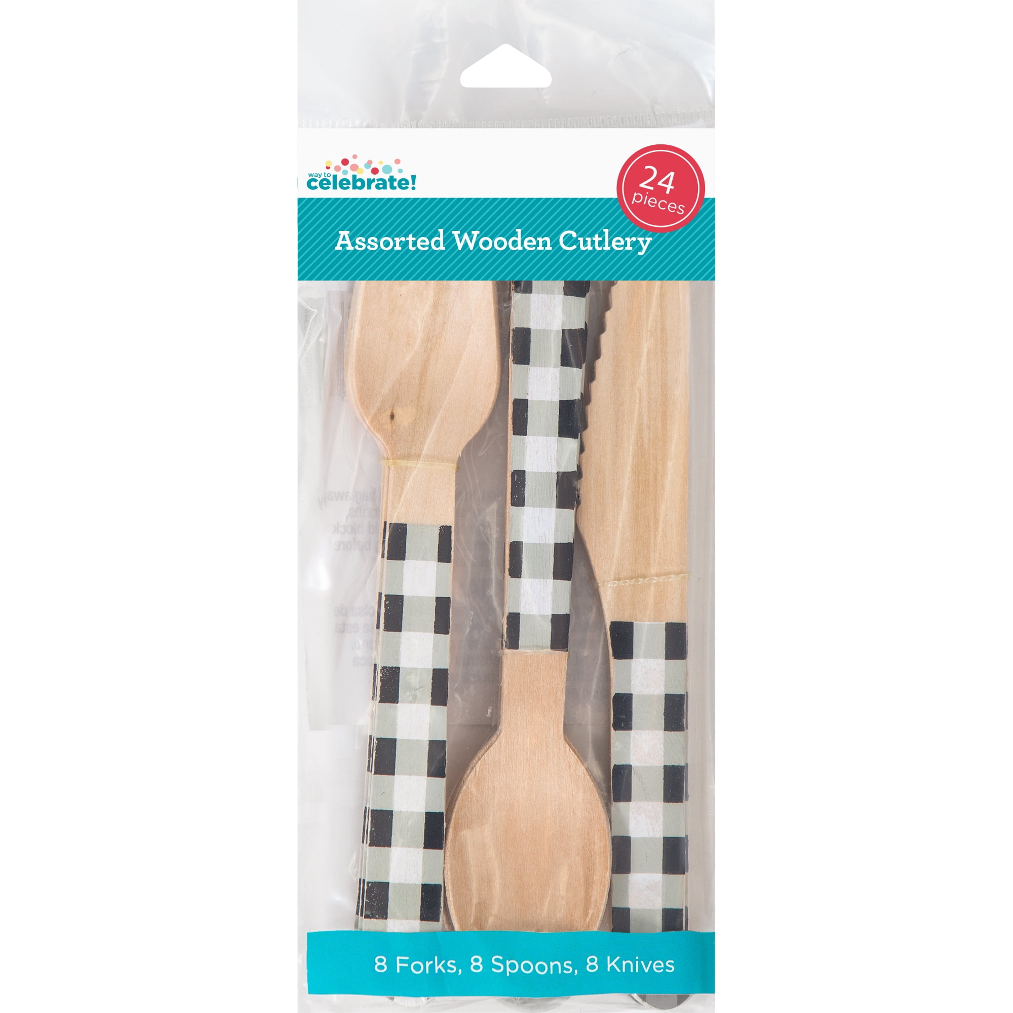 Black and White Gingham Wooden Assorted Cutlery, 24 Count by Way to Celebrate