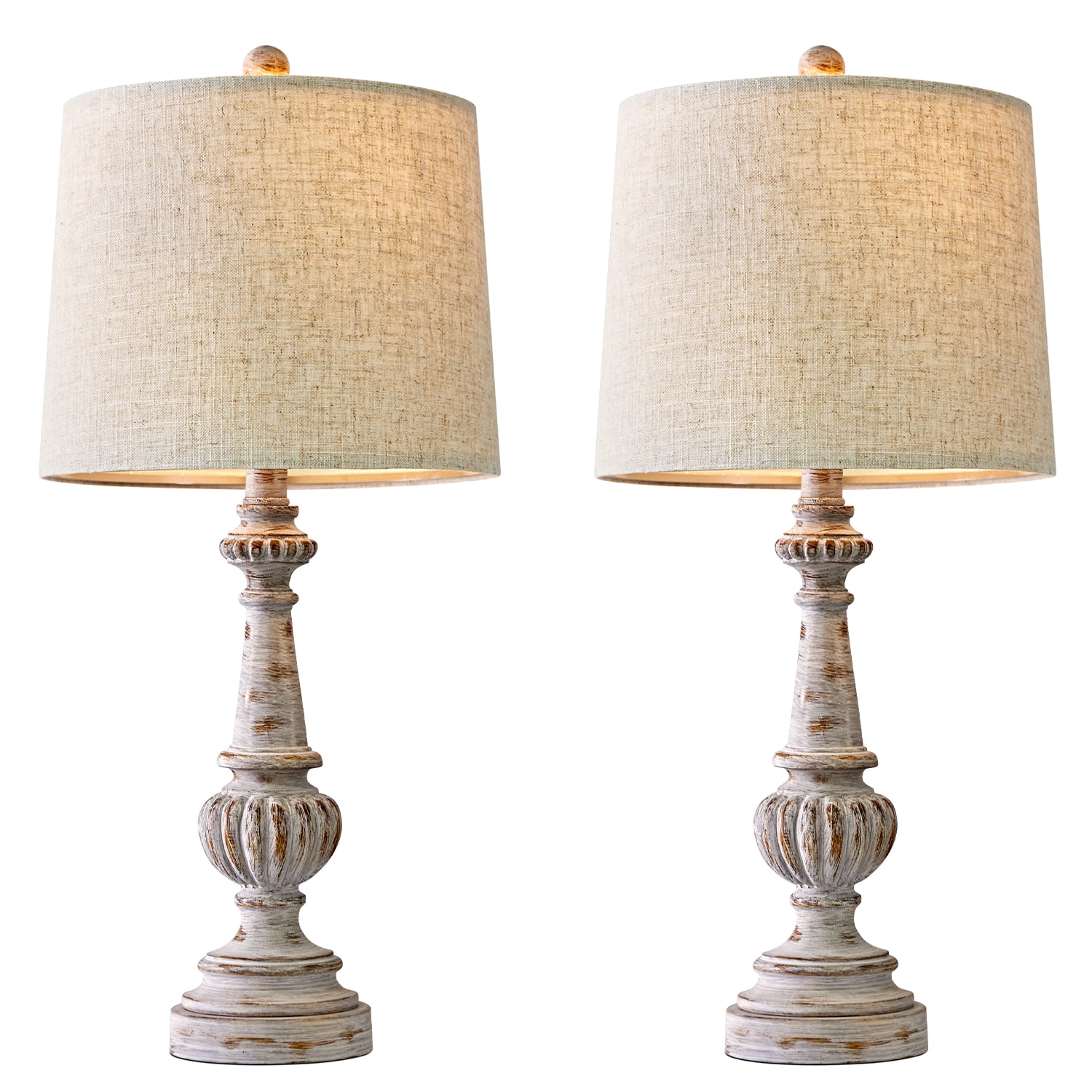 Oneach Rustic Table Lamp Set of 2 for Bedroom Living Room 24.5" Farmhouse Resin Bedside Nightstands Lamps with Linen Drum Shade