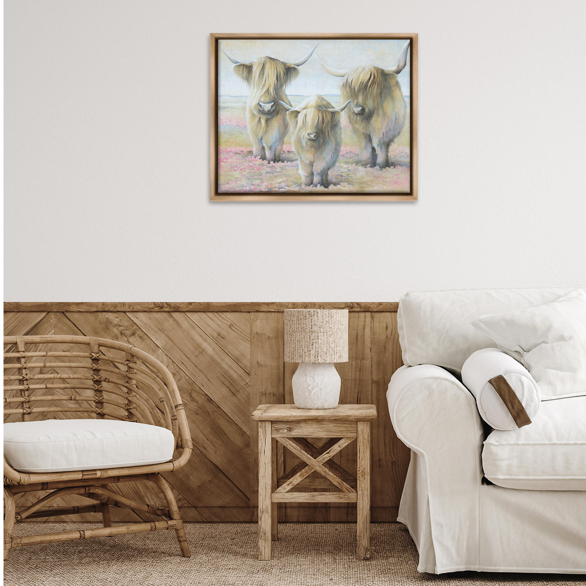 Stupell Industries Gentle Cattle Trio Animals & Insects Painting Brown Floater Framed Canvas Art Print Wall Art, 31 x 25