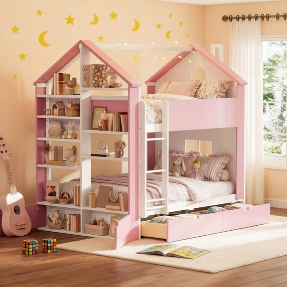 Full-Over-Full Two-Tone Accent Bunk Bed Frame with Cabinet, Drawers & Shelves, Modern Storage Kids Bed with LED Light Strip
