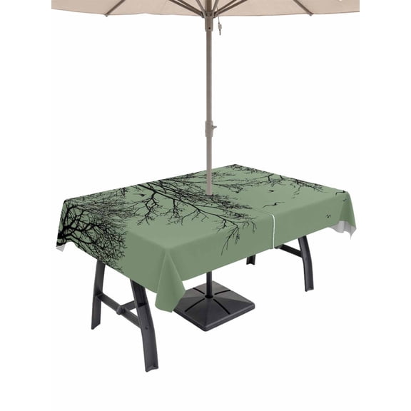 Outdoor Tablecloth with Umbrella Hole for Patio/Picnic/Party/Camping, Green Black Branches Waterproof Table Cloth Rectangle Table Cover Washable, Botanical Dead Tree Birds (60"x 102")