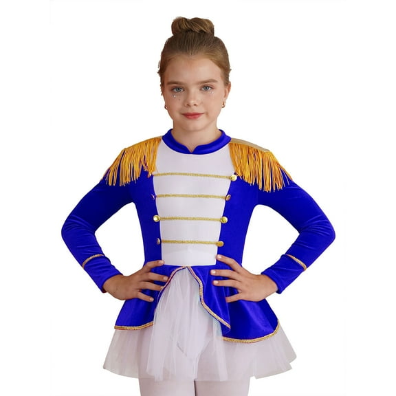 TiaoBug Kids Girls Christmas Circus Ringmaster Costume Long Sleeve Tassel Leotard Mesh Tutu Dress Royal Blue 4