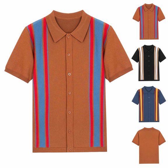 Hinvhai Short Sleeve Stripes Shirts for Men Casual Button Down Dress Shirt Navy 8(XL)