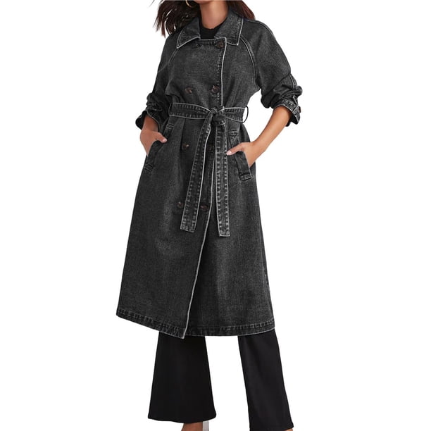 Gabardina Vaquera Larga Informal de Doble Botonadura para Mujer, Chaqueta Vaquera, Gabardina con Cinturón, Abrigo Tipo Guardapolvo. Negro XXL