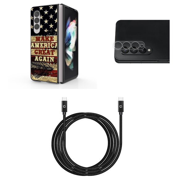 Accessory Bundle for Galaxy Z Fold 4: Slim Snap-On Case (Make America Great Again), Rear Camera Glass Protector, Nylon Braided USB-C to USB-C Cable (4 Feet)