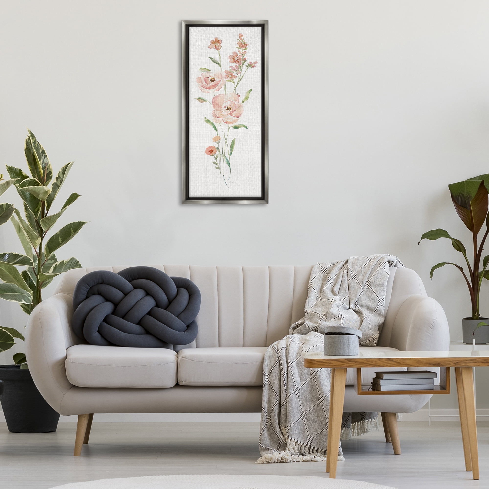 Stupell Industries Pastel Rose Sprigs Botanical & Floral Painting Gray Floater Framed Art Print Wall Art, 15 x 31