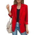 thumbnail image 2 of Blazer Women Solid Open Front Long Sleeve Work Office Lapel Collar Buttons Suit Jacket Red M, 2 of 5