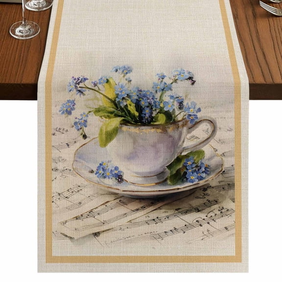 Table Runners 72 Inches Long Dress Scarves, Spring Blue Flowers Farmhouse Kitchen/Dining Table Runner, Coffee Tablerunners, Vintage Tea Cup Phrases Pastoral 16x72 Inch