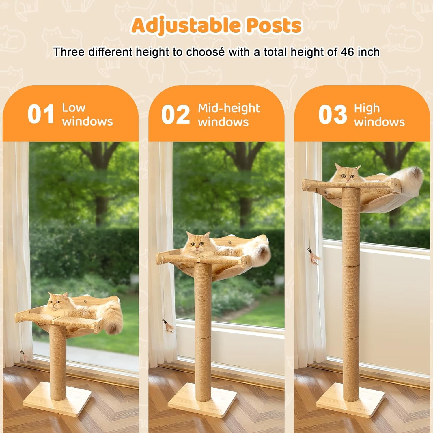 Cat Window Perch Hammock with 3-Piece Detachable Sisal Scratching Posts, Gray Fluffy Cusion, Drill-Free Suction Cup Mount, Multi-Level Climbing Perch for Bird Watching, 45 LBS Capacity