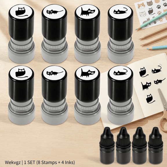 8pcs Cat Pattern Self Inking Mini Kitten Stamp Set for Journal Scrapbook Card Teacher Reward Black Cat Decorative Stamp with 4 Ink Bottle