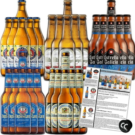 Non-Alcoholic European Beer Variety 30 Pack, Award Winning Beers from Munich, Erding, Barcelona and Bitburg w Phone/Tablet Holder & Recipes