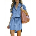 thumbnail image 3 of Women Denim Dress Summer Short Sleeve Button Down Tie Waist Casual Jean Shirt Short Dresses, 3 of 6