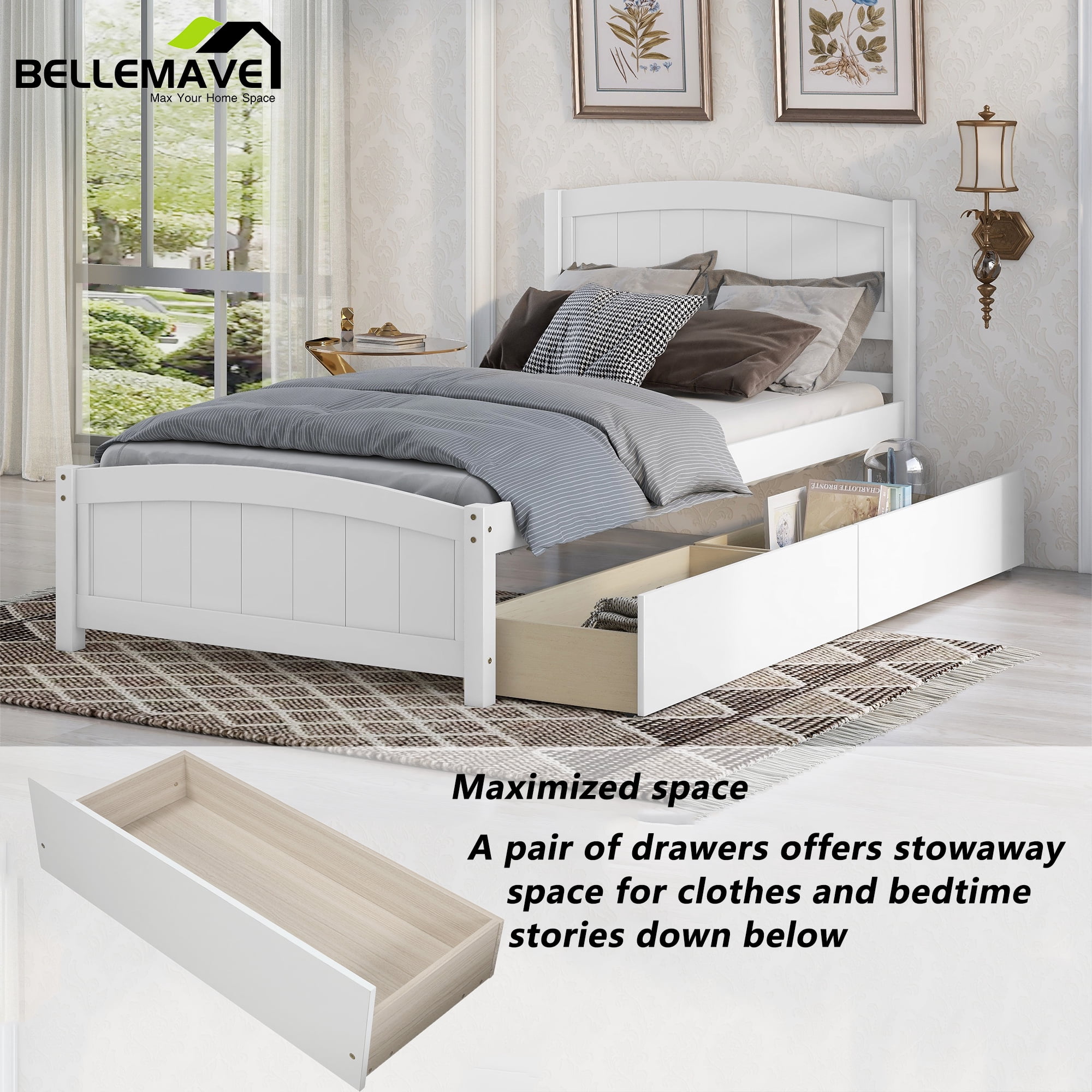 Bellemave Twin Platform Bed with Storage Drawer, White