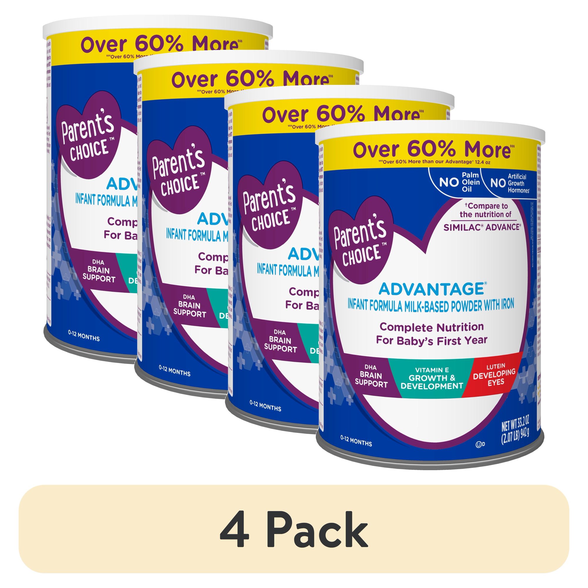 (4 pack) Parent's Choice Advantage Infant Formula Powder with Iron, DHA, Lutein & Vitamin E, 33.2 oz