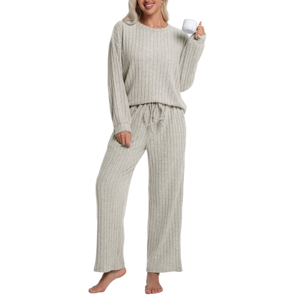 DAKIMOE Lounge Sets for Women Pajamas Long Sleeve Sleepwear Soft Nightwear 2 Piece Pjs Ribbed Knit Fall Winter Outfits Pockets, Apricot, L