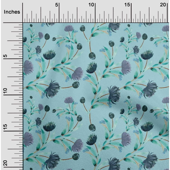 oneOone Viscose Chiffon Sky Blue Fabric Flower & Leaves Watercolor Sewing Craft Projects Fabric Prints By Yard 42 Inch Wide