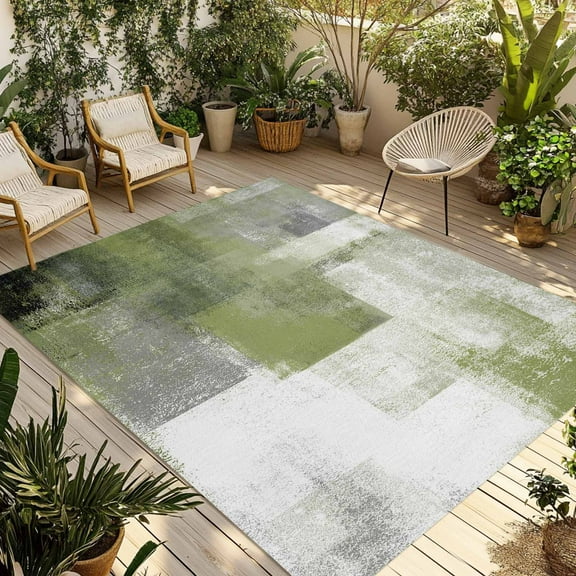 Fsddascl Sage Green Ombre Outdoor Rug for Patio/Deck/Porch, Non-Slip Large Area Rug 6 x 9 Ft, Vintage Shabby Abstract Plaid Art Indoor Outdoor Rugs Washable Area Rugs, Reversible Camping Rug Carpet