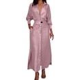 thumbnail image 1 of Vestido liso de mujer con cinturón, manga larga y escote en V profundo, poliéster y spandex, estilo informal y elegante, tallas S-XXXL, 1 of 5