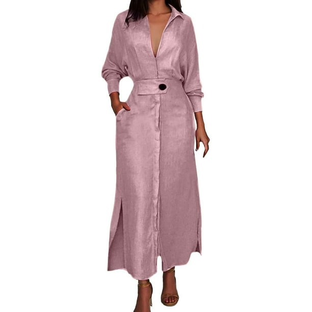 Vestido liso de mujer con cinturón, manga larga y escote en V profundo, poliéster y spandex, estilo informal y elegante, tallas S-XXXL