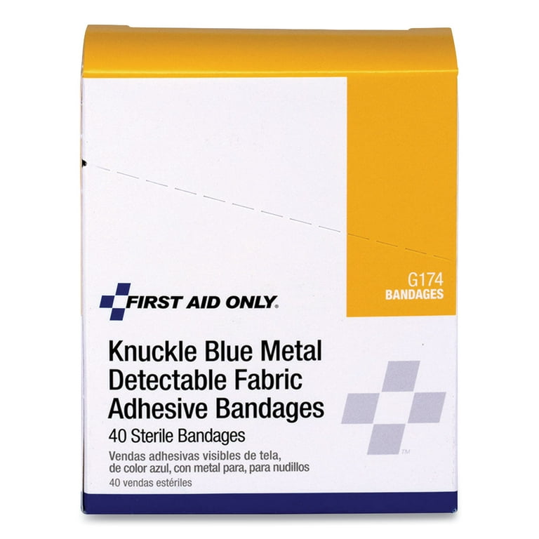 Blue Metal Detectable Fabric Adhesive Bandages, Four-Wing Knuckle, 1.5 x 3, 40/Box Blue Metal Detectable Fabric Adhesive Bandages, Four-Wing Knuckle, 1.5 x 3, 40/Box
