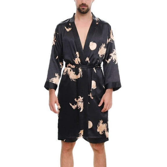 SWSMCLT Men's Summer Lightweight Soft Satin Bath Robe 2 Piece Bathrobe Pajama Shorts Silky 3/4 Sleeve Lounge Set Black Medium