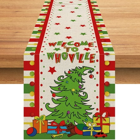

JOOCAR Christmas Table Runner Red and Green Striped Christmas Tree Gift Stars Christmas Table Runner Suitable for Christmas Kitchen Dining Table Table Holiday Decoration