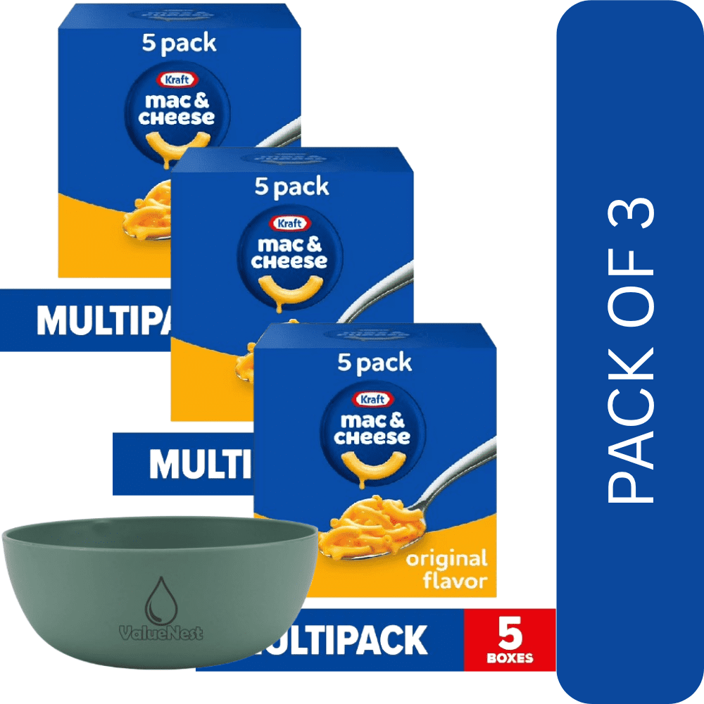 3 Pack Of Kraft Original Mac & Cheese Dinner, 5-Pack of 7.25 oz Boxes – Shelf-Stable Pantry Staple, With Olive Green Bowl By ValueNest