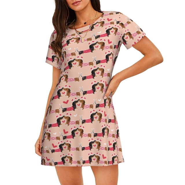 Vsdgher Motif Couple Teckel Chemise de Nuit à Manches Courtes Col Rond Mignonne Robe de Nuit Confortable