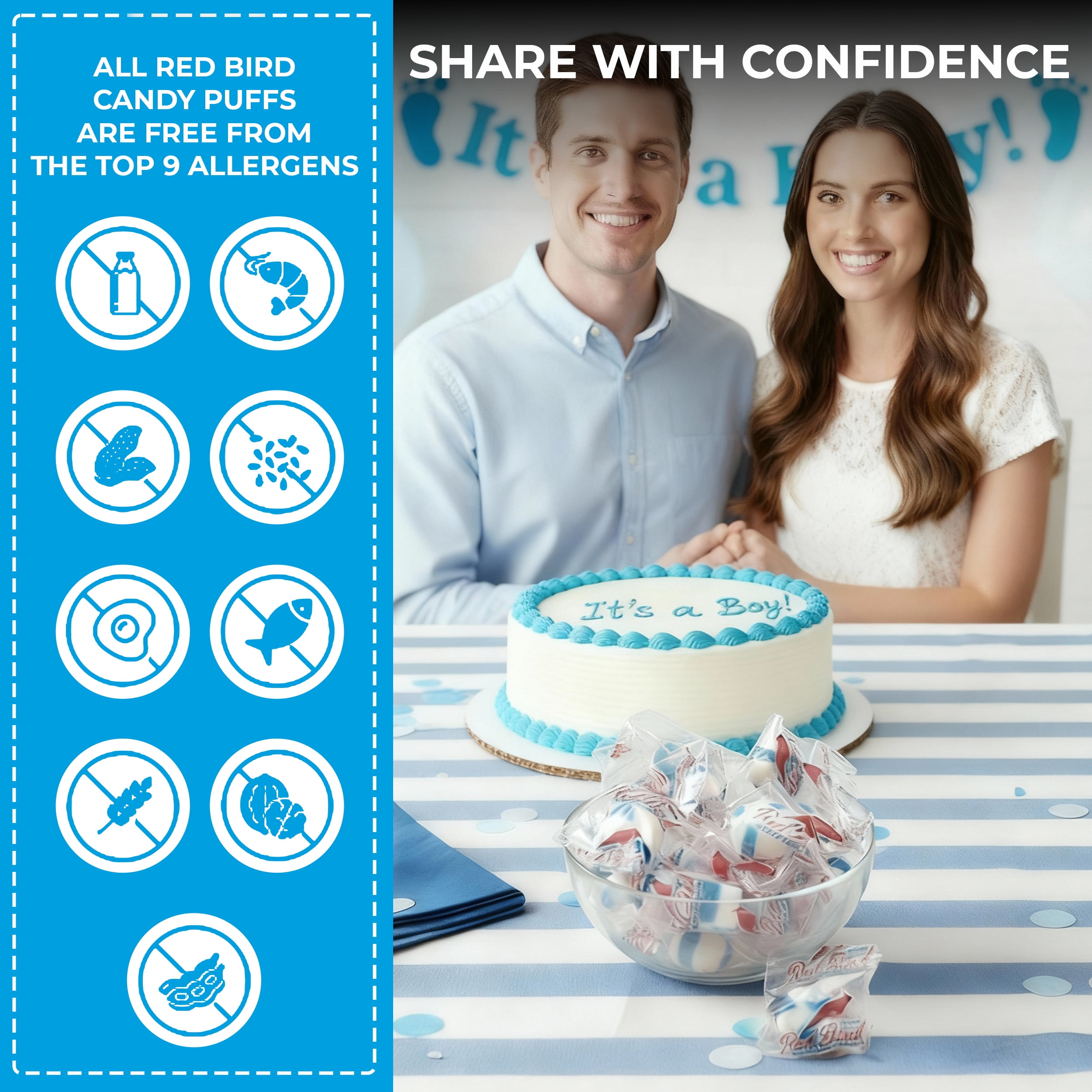 Red Bird Blue Raspberry Flavored Candy Puff, Individually Wrapped Candy, Allergen-Free, 52 oz Tub