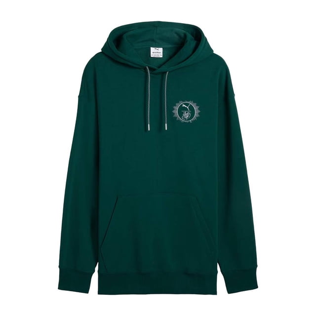 sudadera puma x harry potter para hombre 630093-60 verde s sudadera con capucha, vista frontal. Manga larga con puños y dobladillo acanalado, bolsillo canguro y cordones; logo PUMA x HARRY POTTER bordado en el pecho y bordado Golden Snitch oculto; 100% algodón, estilo urbano inspirado en Quidditch y Slytherin.