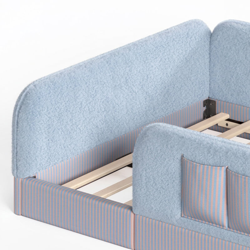 Full Size Kid's Upholstered Floor Bed Frame, Montessori-Style Low Profile Platform Bed with Safety Guardrail & Storage Pockets