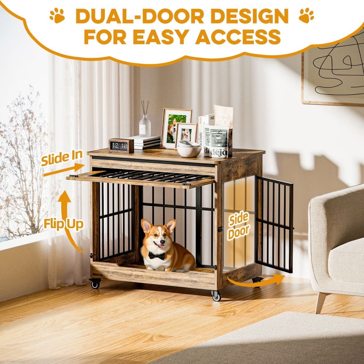 32" Dog Crate Furniture, Wooden Dog Kennel with Double Doors & Wheels, Indoor Dog Cage End Table for Small & Medium Dogs, Furniture Style Pet Crate, Rustic Brown